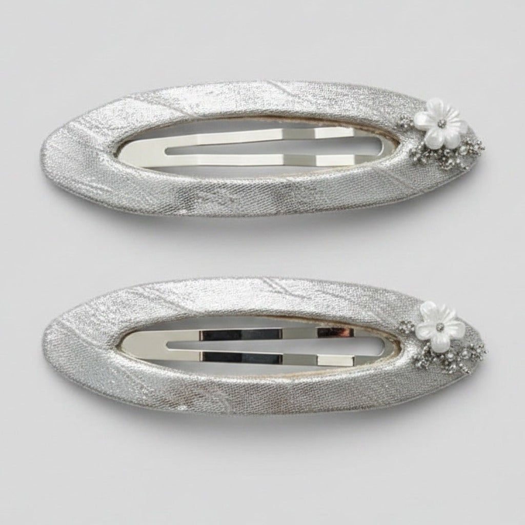 Silver Mesh Hair Clips With Pearl Flower Detail – hair accessories (view 1)