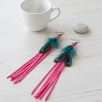 Feather Fringe Dangle Earrings - Teal
