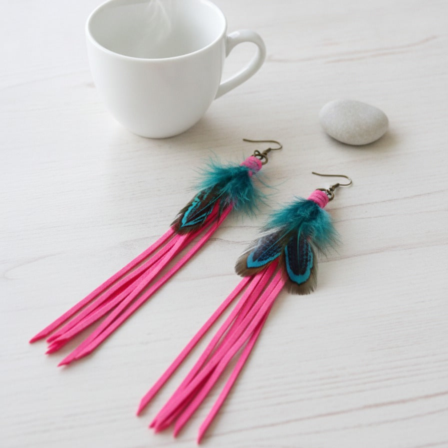 Feather Fringe Dangle Earrings - Teal