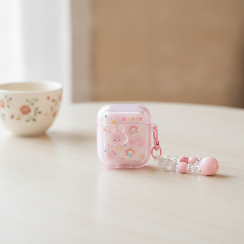 3D Flower AirPods Case with Beaded Charm - Pink Bunny House (for AirPods Pro 3)