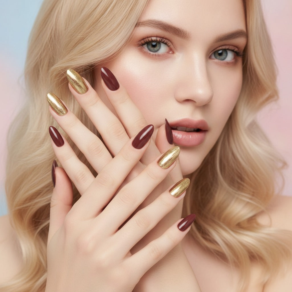 Neat & Nails Press-On Ring Set - Burgundy & Gold