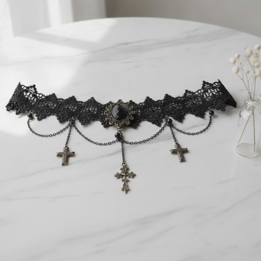 Gothic Lace Choker with Cross Charms - Black