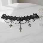 Gothic Lace Choker with Cross Charms - Black