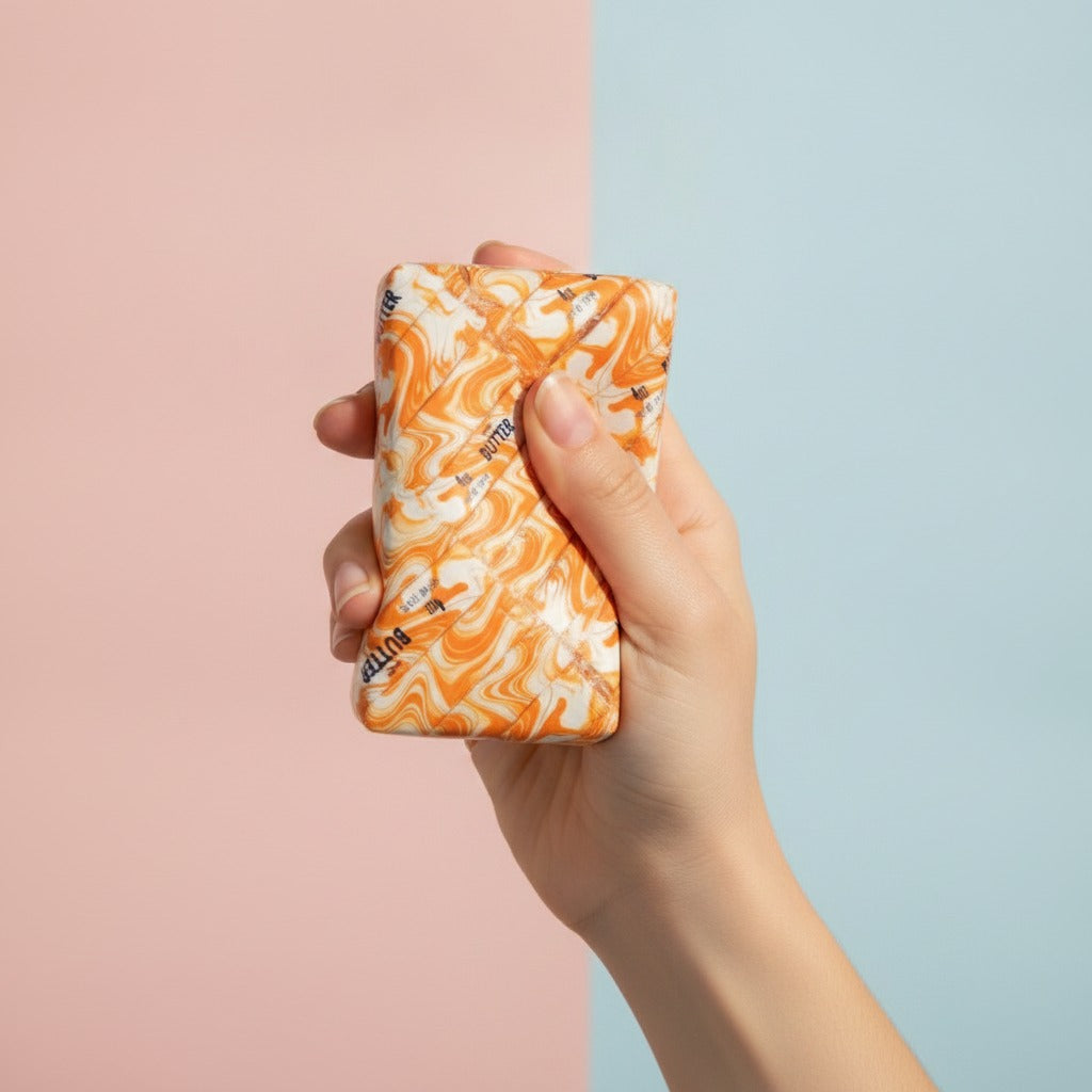 Bulk Orange Swirl 4oz Butter Sticks - squeeze in hand