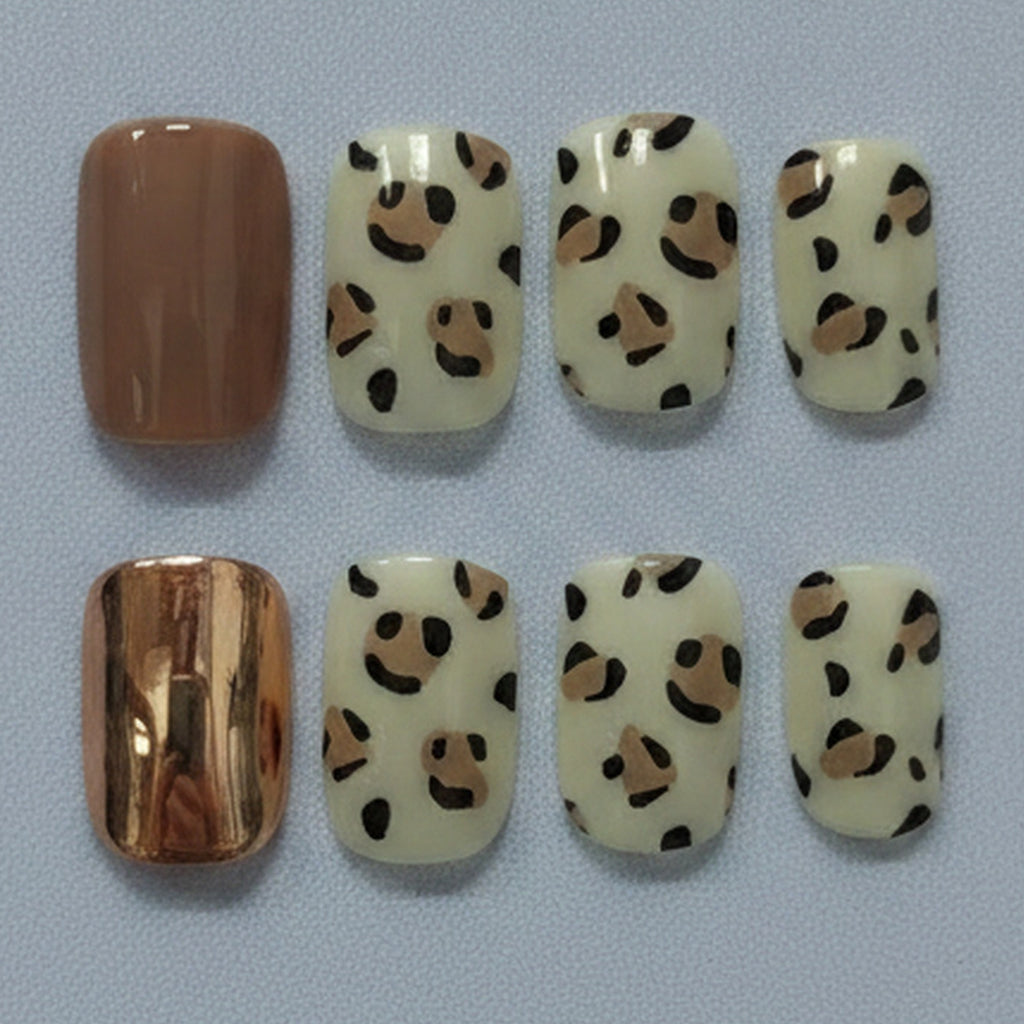 Leopard Print Nail Ring Set - Leopard & Rose Gold