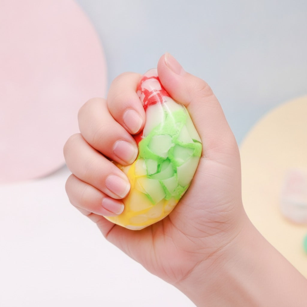 Squishy Stress Ball - Yellow, Red & Green - squeeze in hand