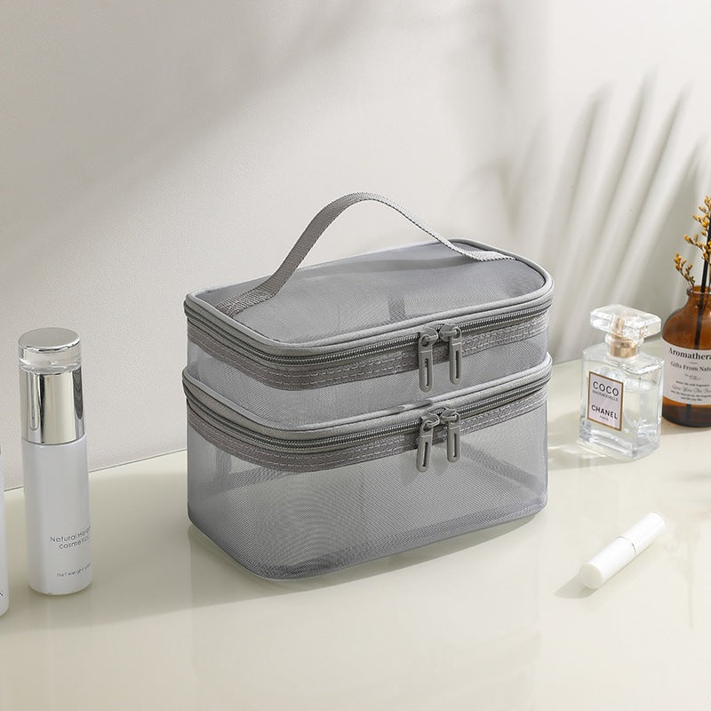 Large capacity double-layer mesh makeup bag - Gray