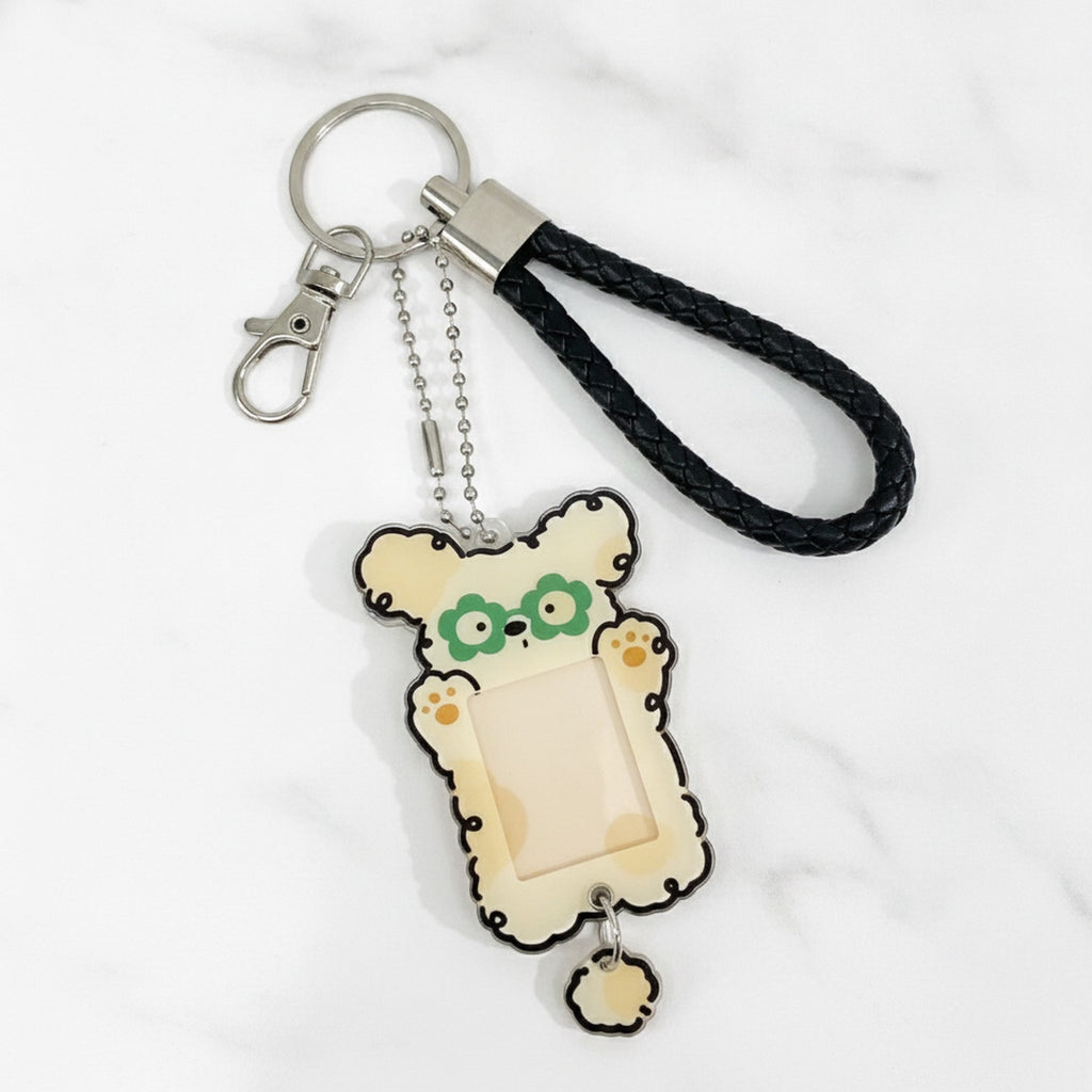 Puppy Photo Frame Keychain - Yellow Pup Green Glasses