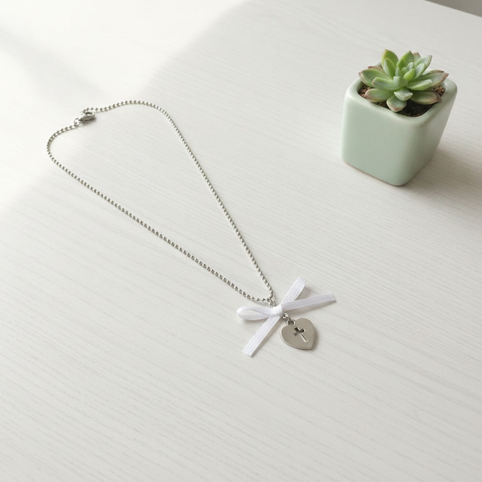 Bow Heart Cross Pendant Necklace - Silver
