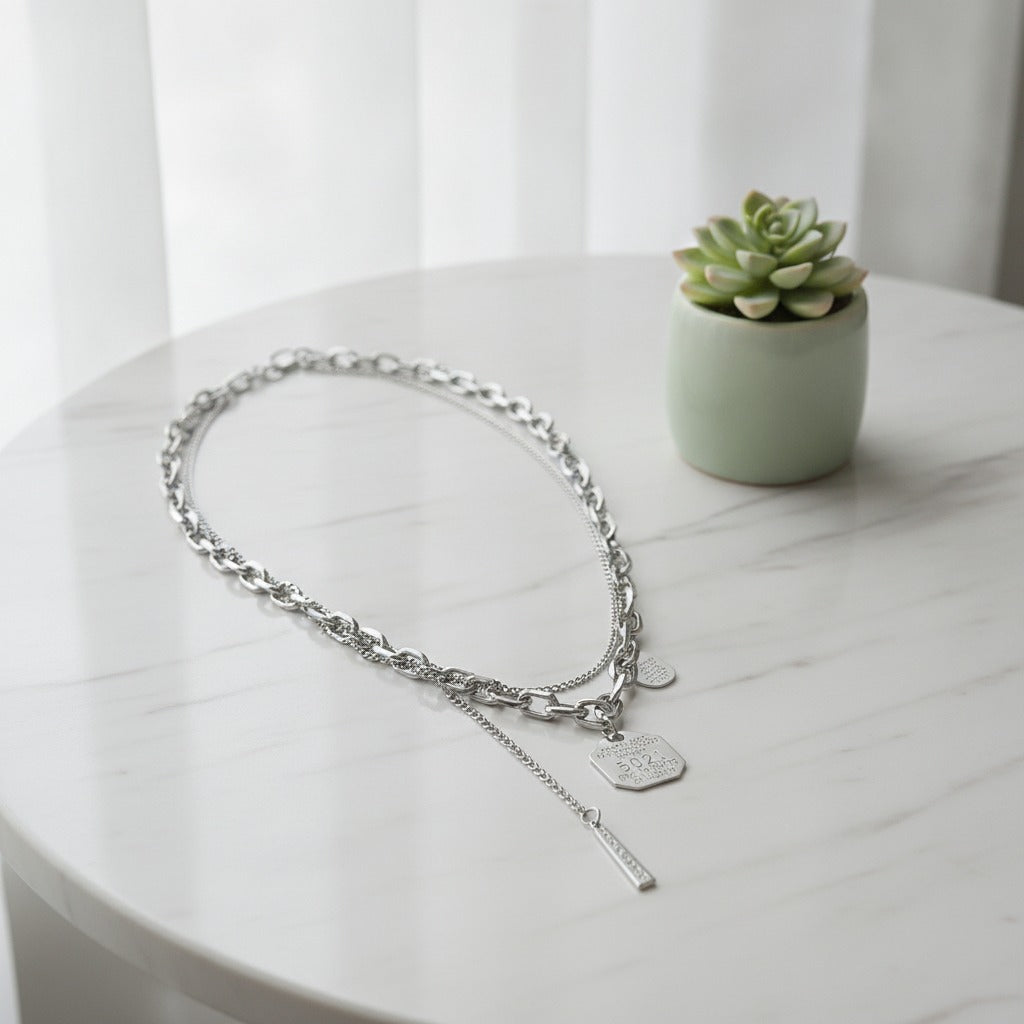 Mixed Chain Layered Pendant Necklace - Silver