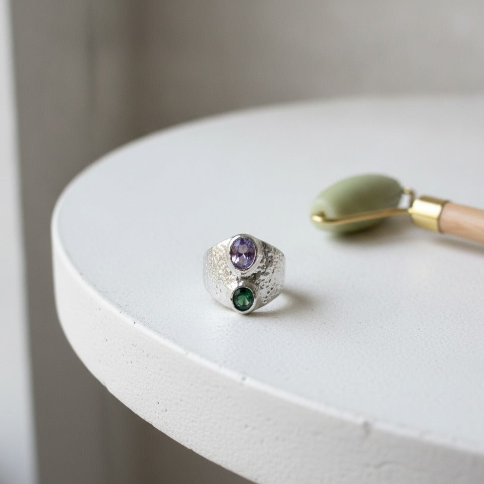 Dual Gem Statement Ring - Purple & Green