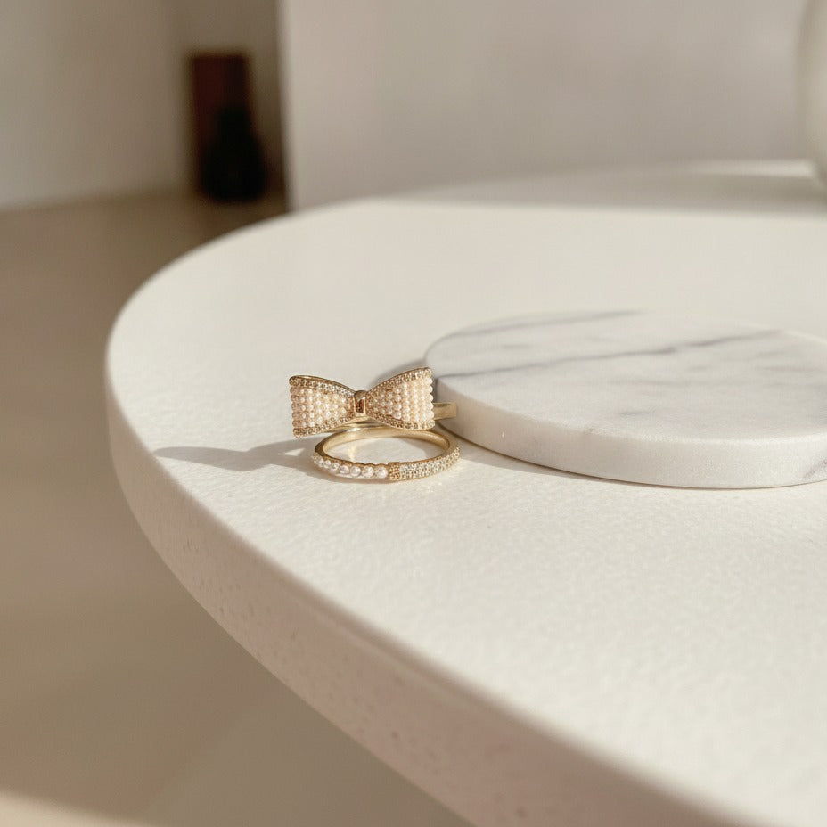 Pearl & Crystal Bow Ring - Gold