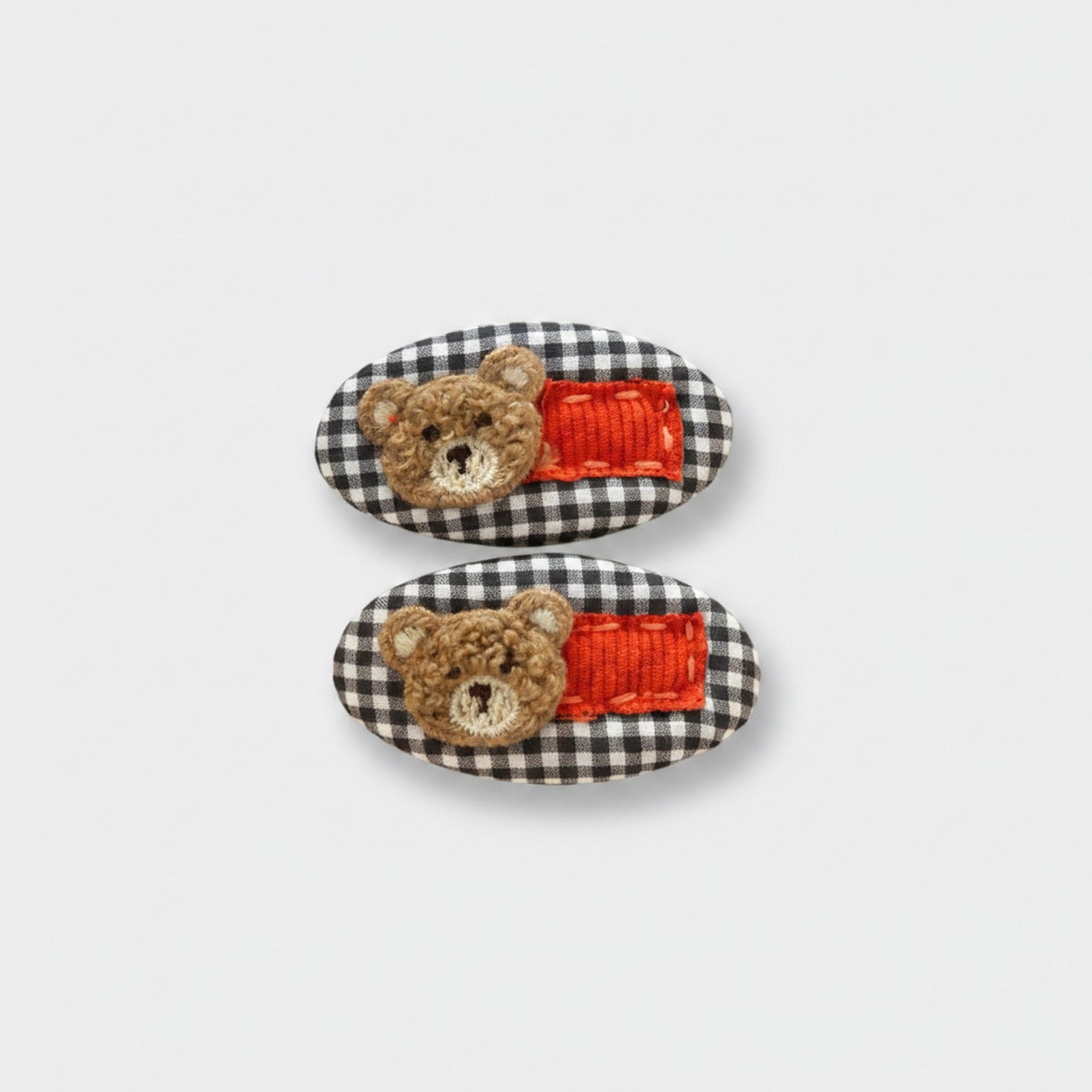 Teddy Bear Gingham Hair Clip Duo Black Gingham