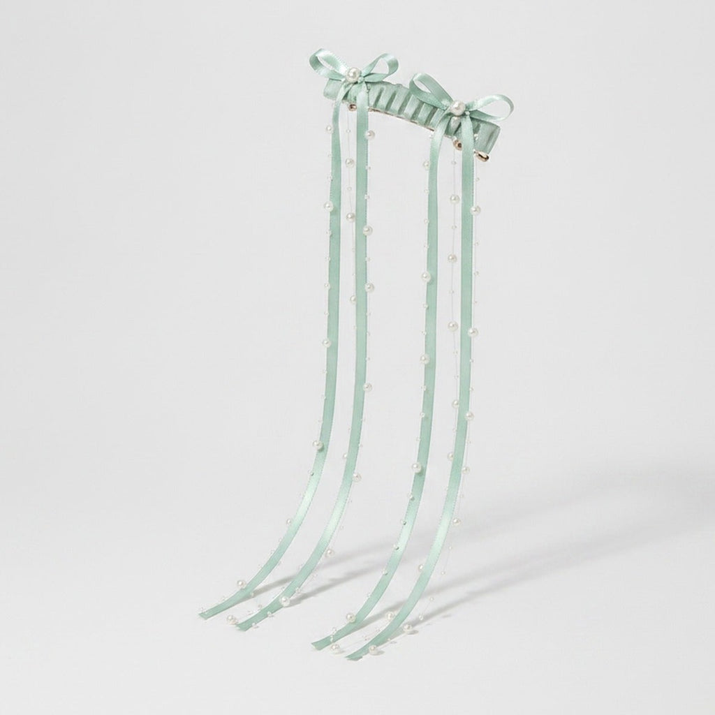 Sage Green Pearl Beaded Ribbon Hair Clips – hair accessories (view 1)