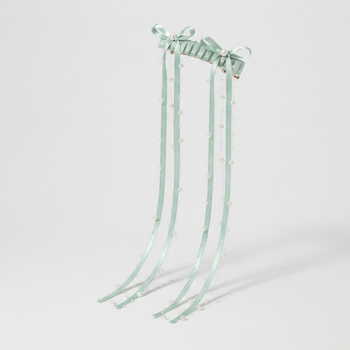 Sage Green Pearl Beaded Ribbon Hair Clips – hair accessories (view 1)