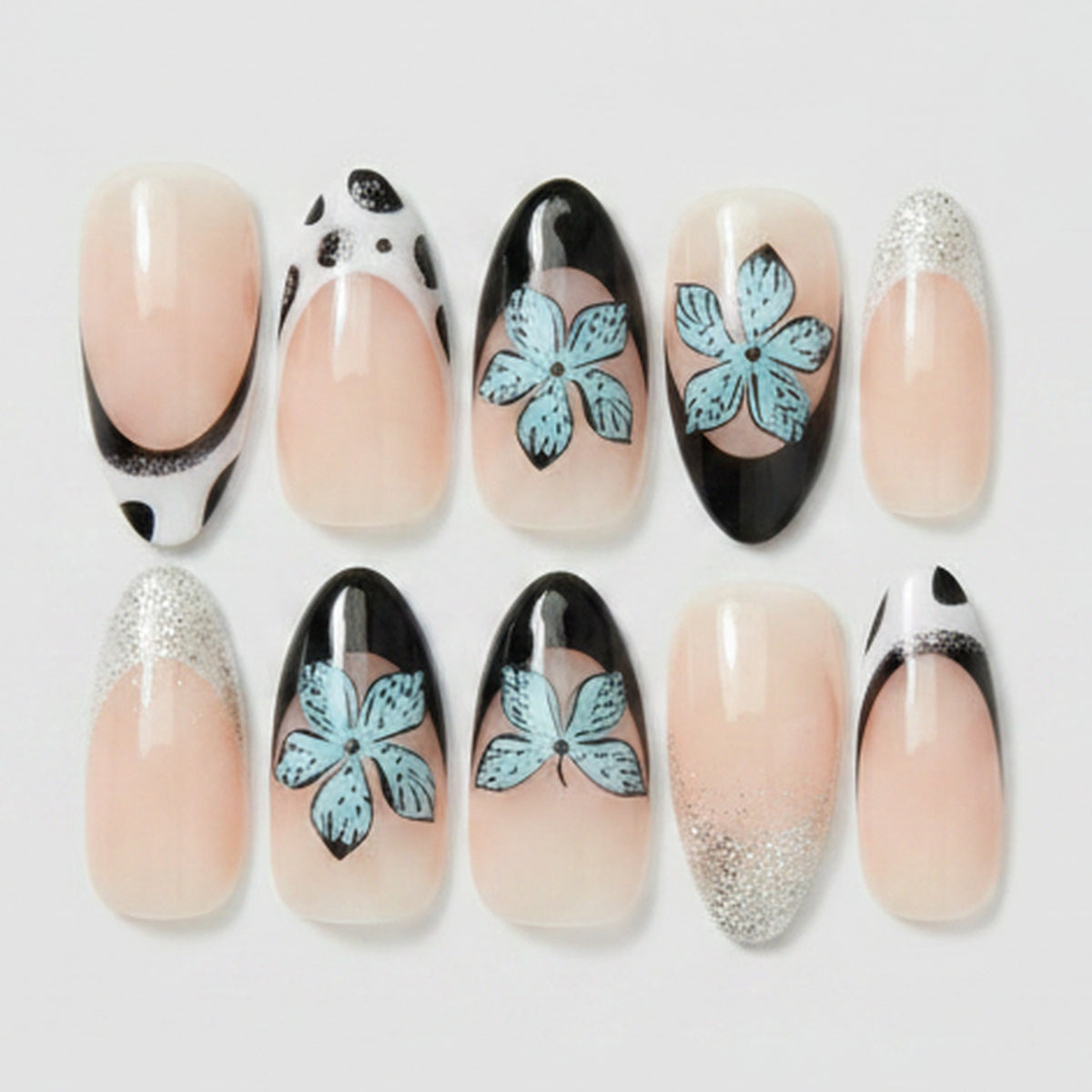 Botanical Press-On Nail Set - Teal Floral Mix