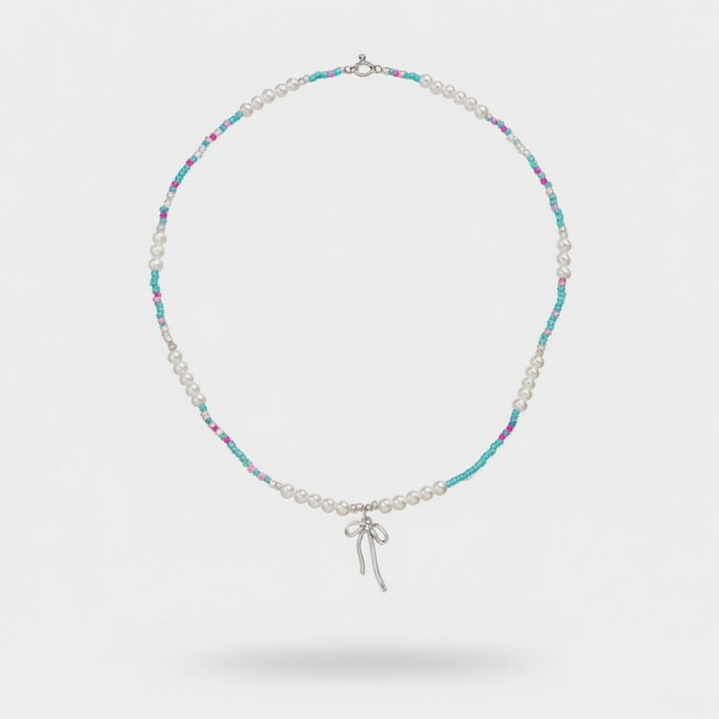 Beaded Pearl Charm Pendant Necklace - Pearl & Aqua Mix – jewelry (view 1)