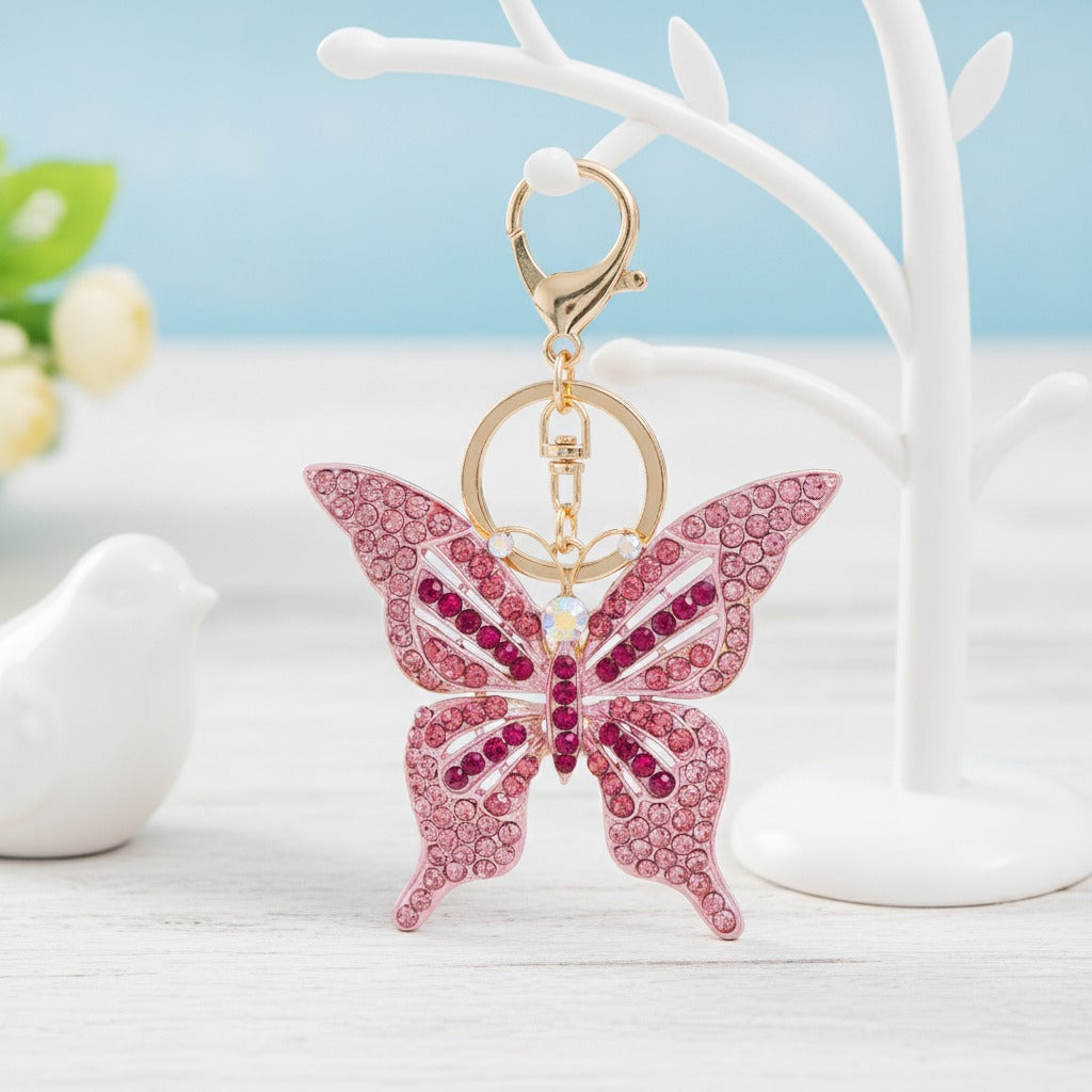 Rainbow Rhinestone Butterfly Keychain - Pink
