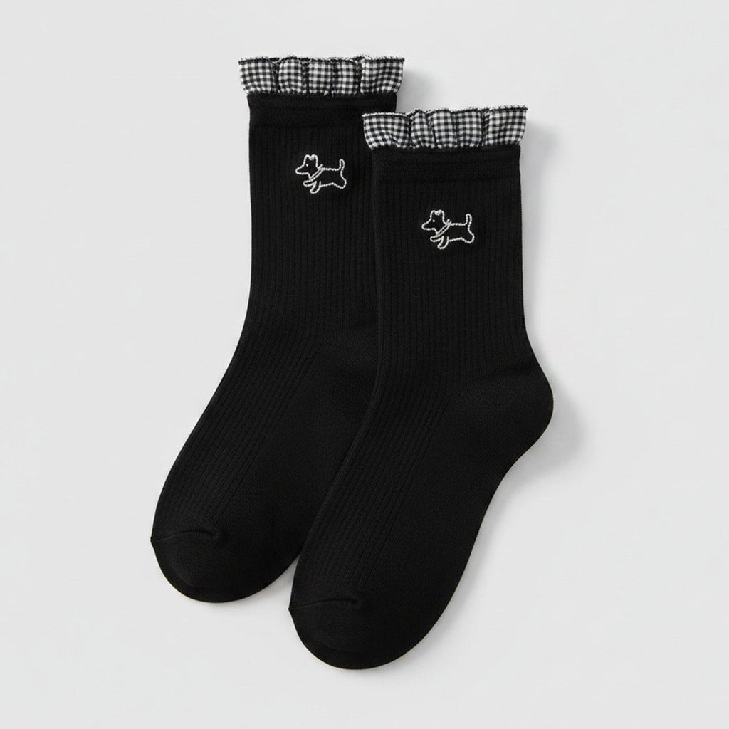 Black Scottie Dog Embroidered Ruffled Crew Socks – apparel accessories (view 1)