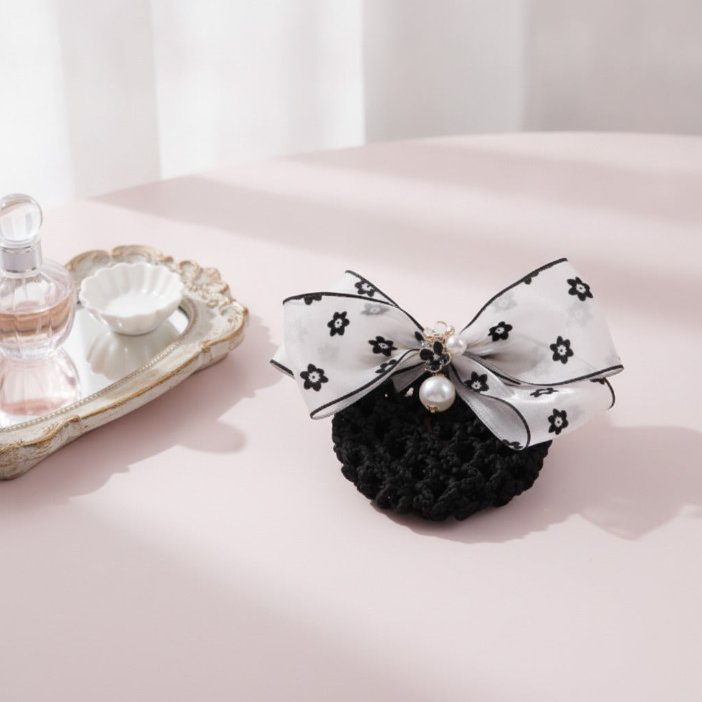 Floral Mesh Bow Hair Claw - White Floral