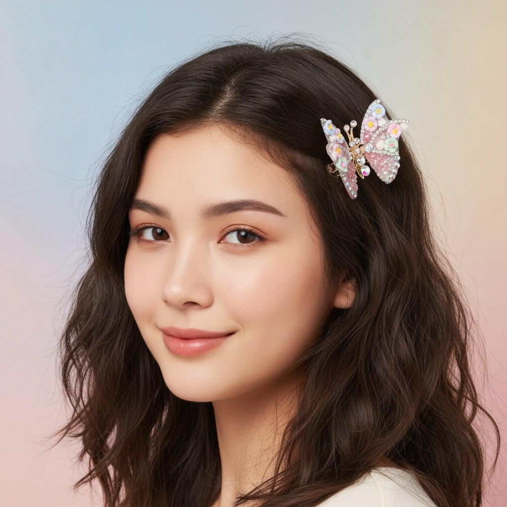 Sparkle Butterfly Hair Claw - Floral Pink