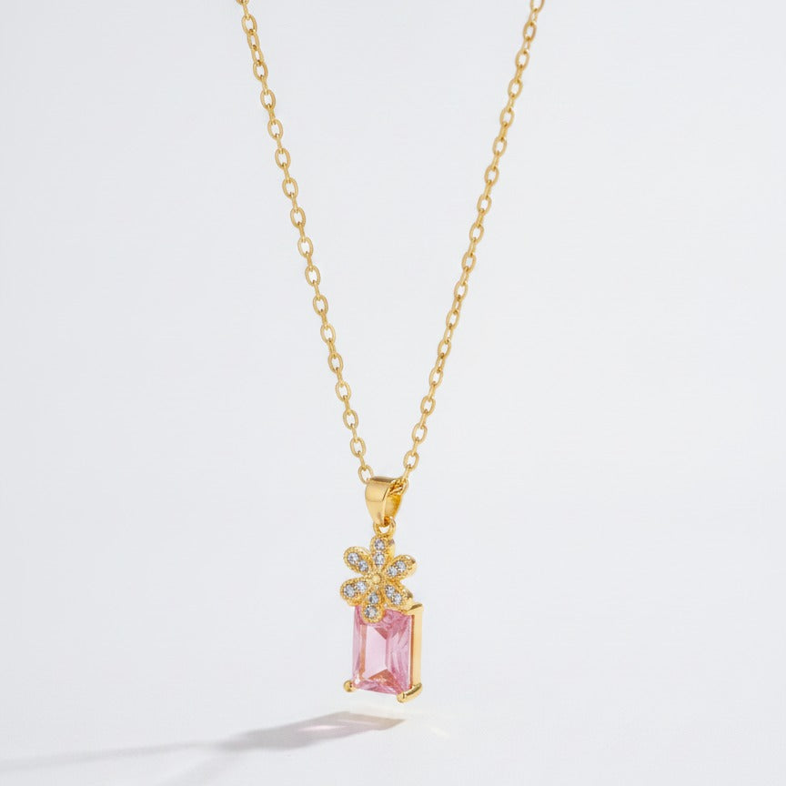 Daisy Gem Pendant Necklace - Gold & Pink
