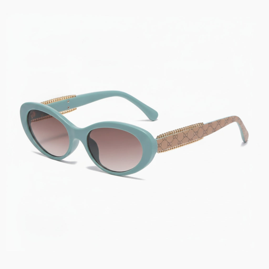 Turquoise Oval Sunglasses with Gold Patterned Arms – eyewear (view 1)