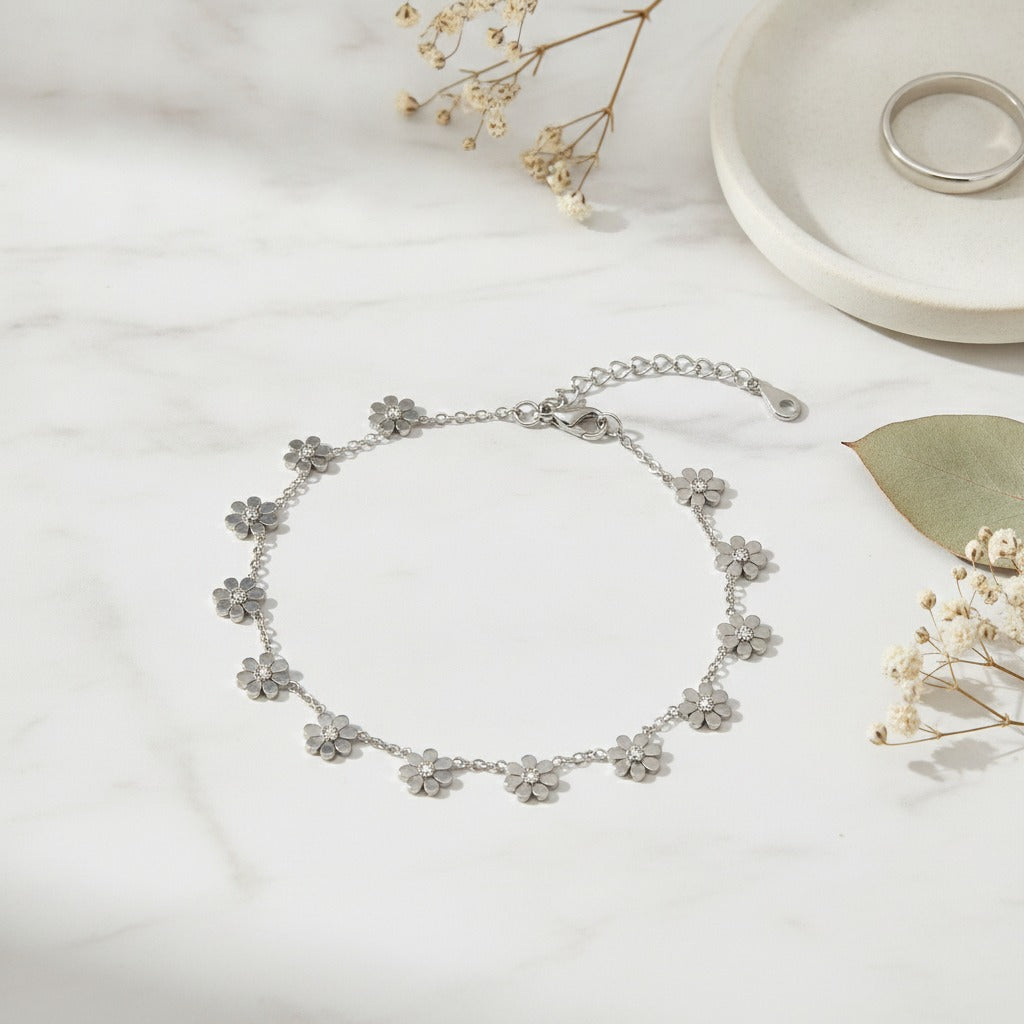 Silver Flower Charm Bracelet With Rose Gold Accents