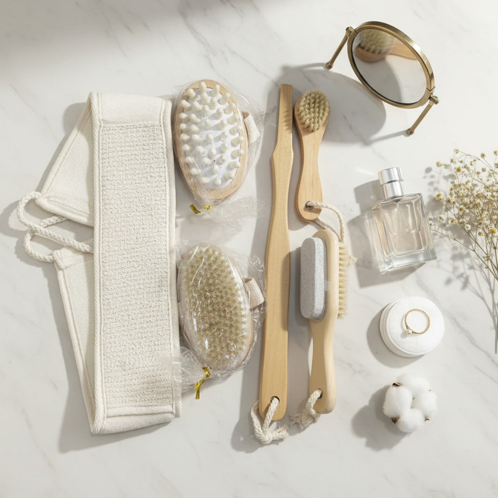 Natural Bamboo Bath Brush Set With Exfoliating Loofah – Korean beauty tool (view 2)