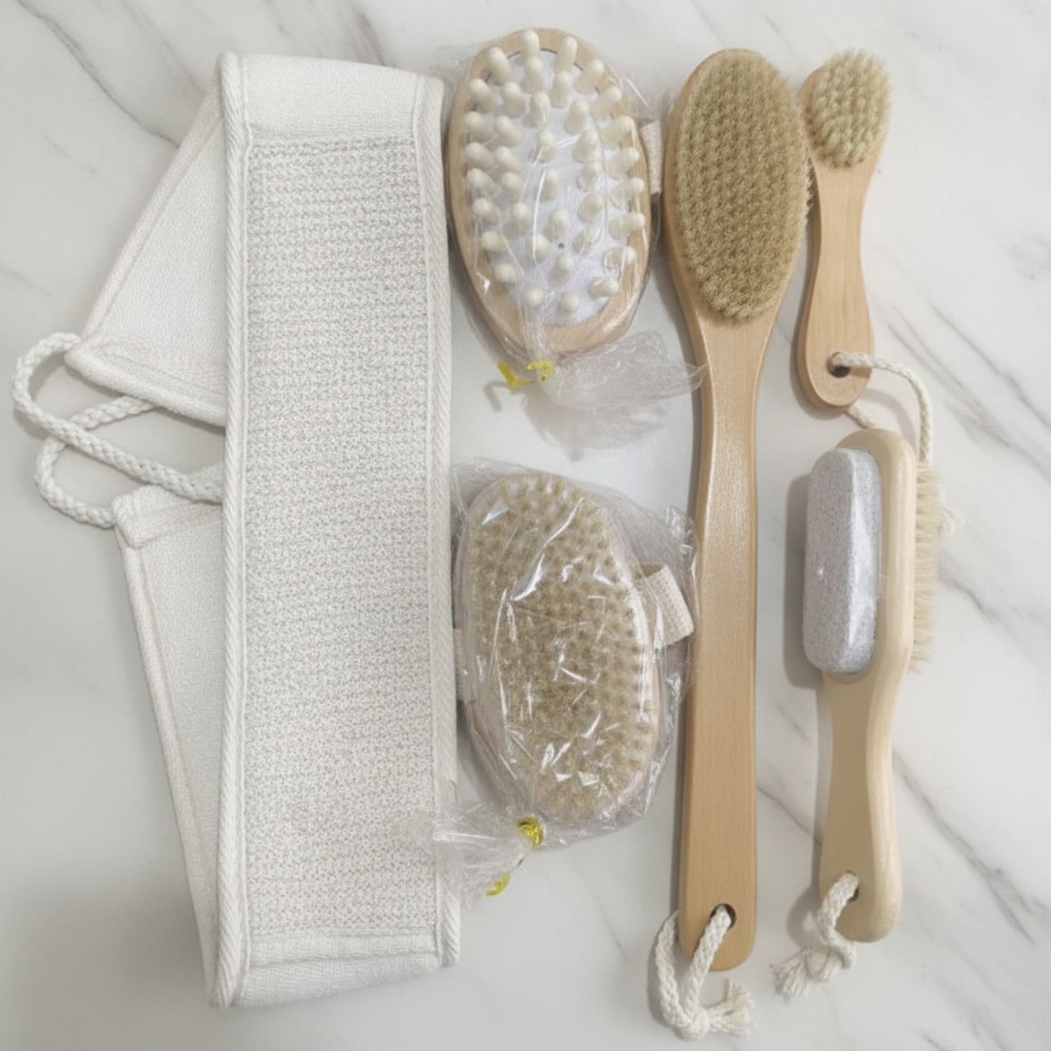 Natural Bamboo Bath Brush Set With Exfoliating Loofah