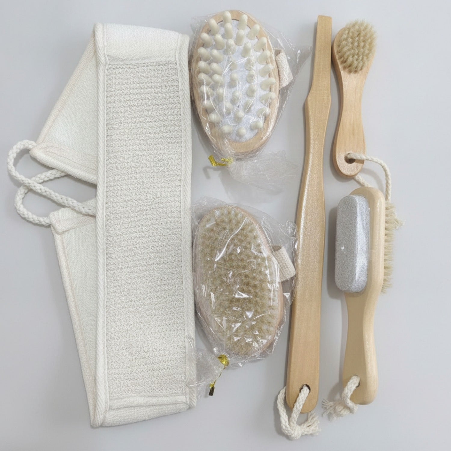 Natural Bamboo Bath Brush Set With Exfoliating Loofah
