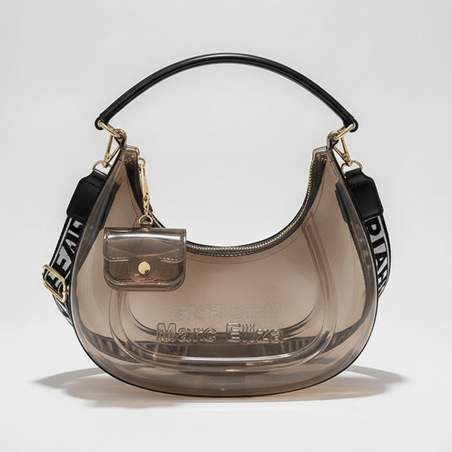 Glossy Black Hobo Handbag With Striped Strap