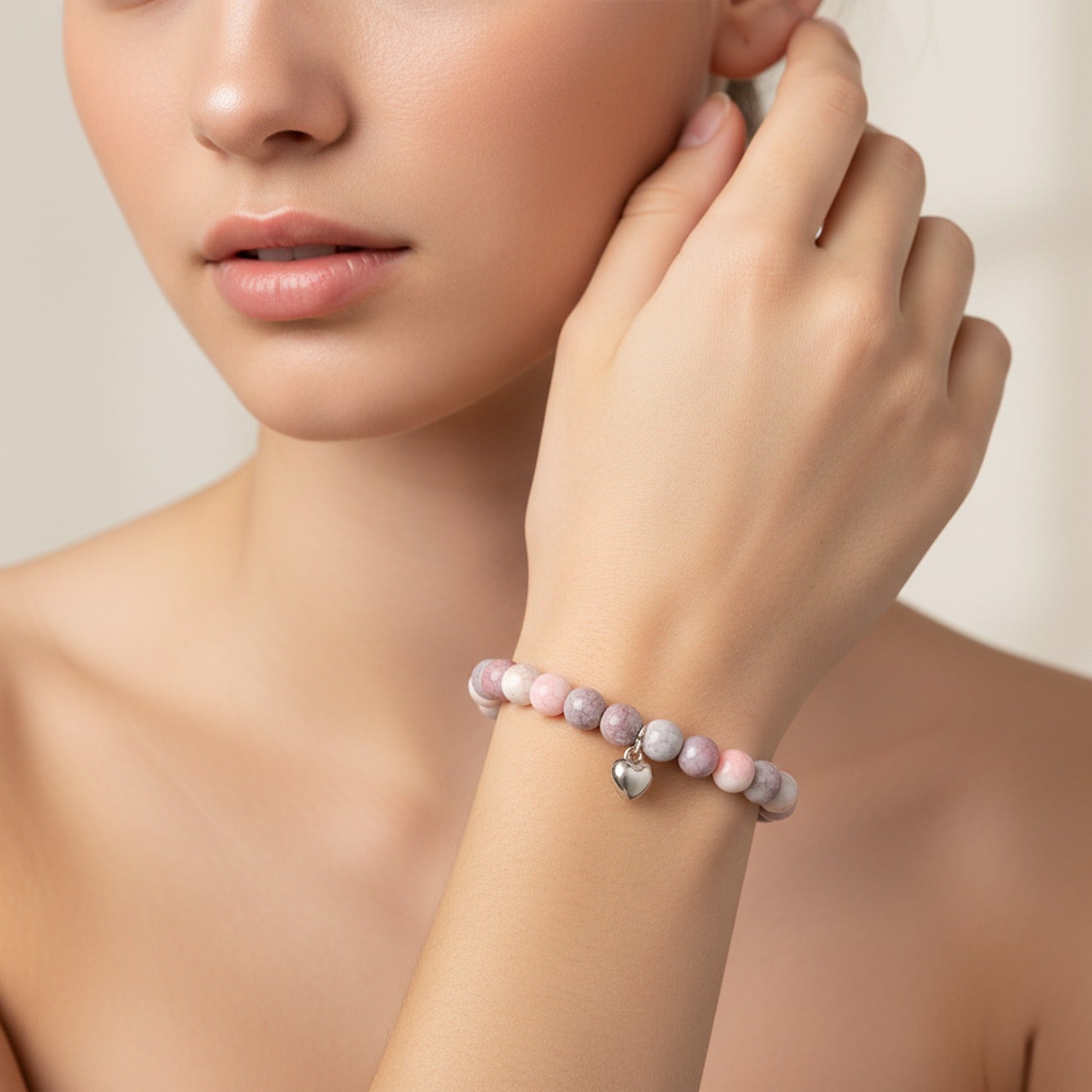 Beaded Bracelet With Heart Charm Pink