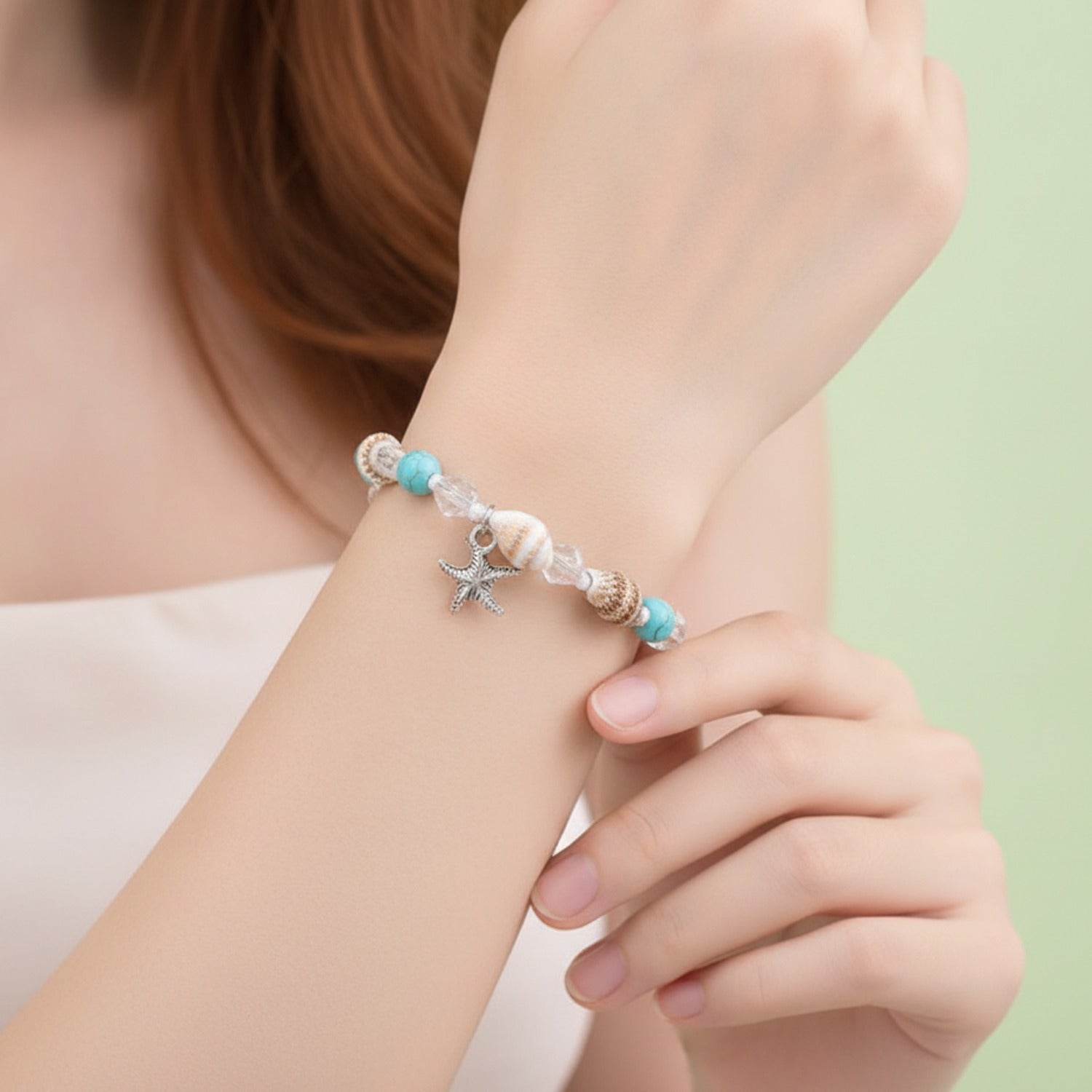 Seashell Turquoise Beaded Bracelet With Starfish Charm