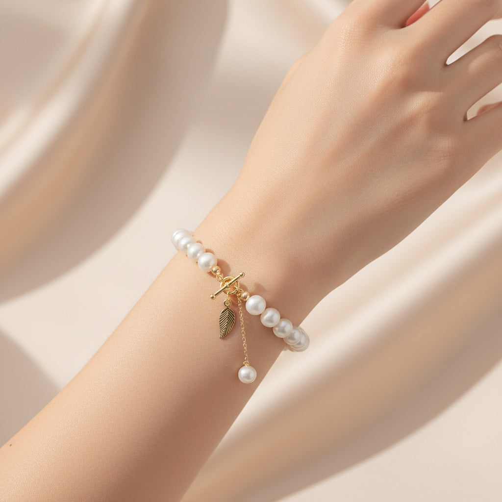 Pearl Beaded Bracelet With Gold Leaf Charm