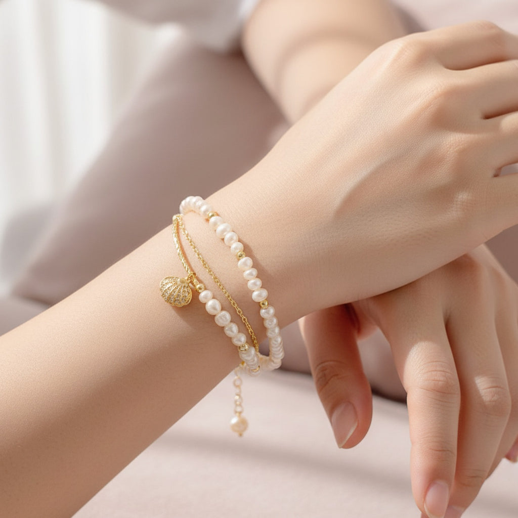 Pearl Beaded Bracelet With Gold Shell Charm