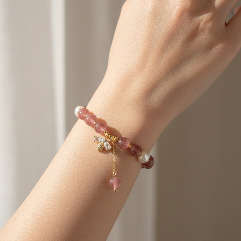 Mauve Pearl Beaded Bracelet With Butterfly Charm