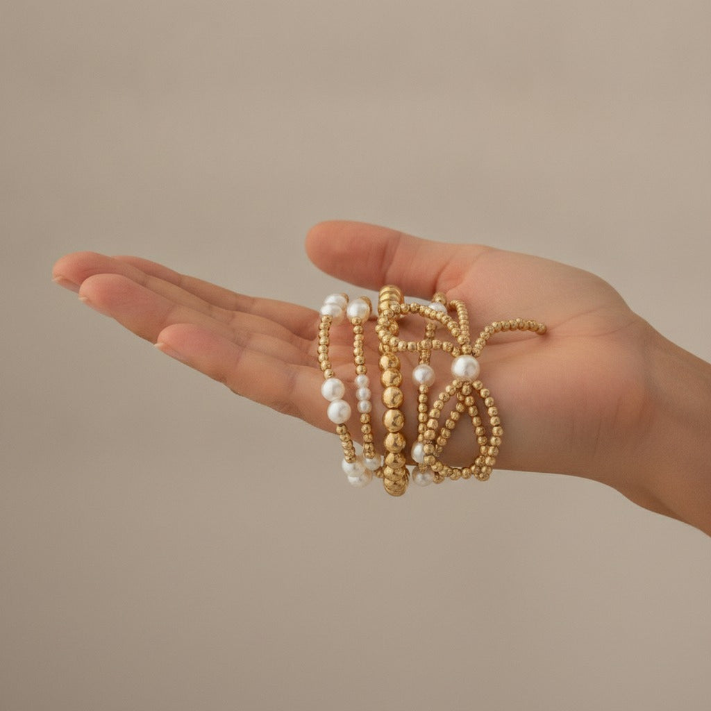 Gold Pearl Bead Hand Chain Bracelet Stack – jewelry (view 3)