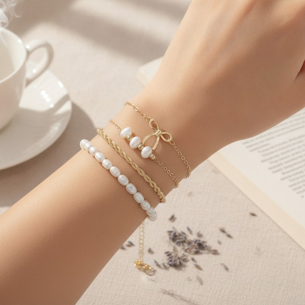 Chic Layered Pearl Bow Bracelet Set – jewelry (view 3)