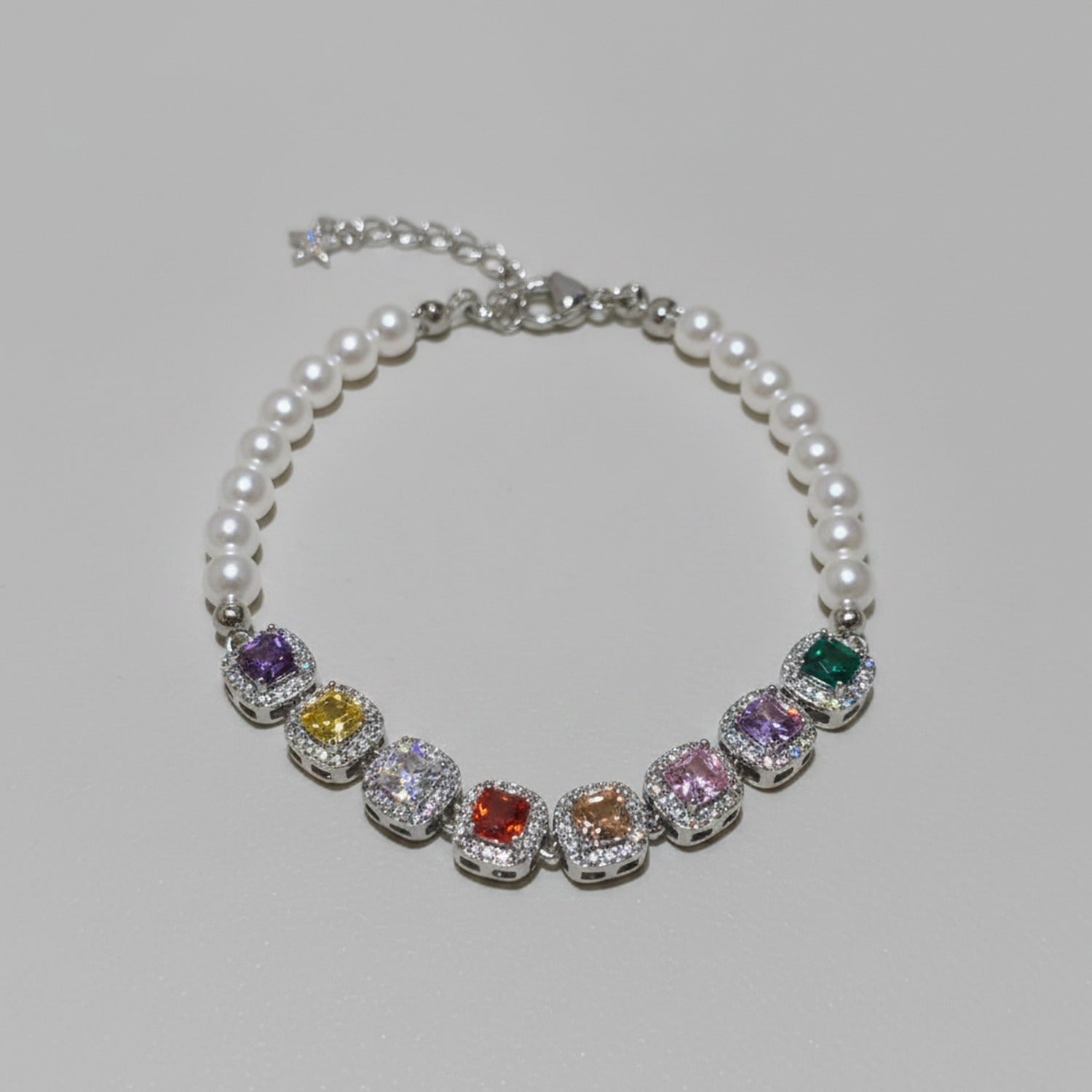 Rainbow Cubic Zirconia Pearl Beaded Bracelet