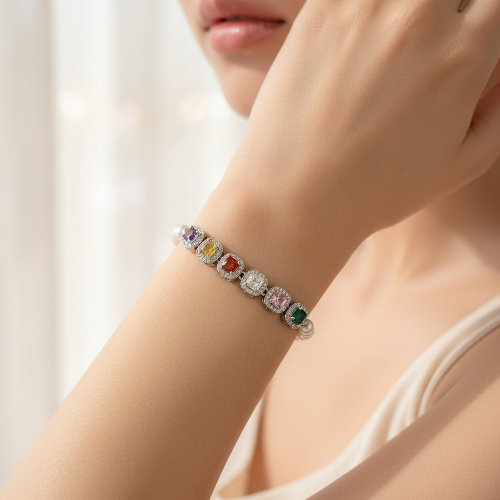 Rainbow Cubic Zirconia Pearl Beaded Bracelet