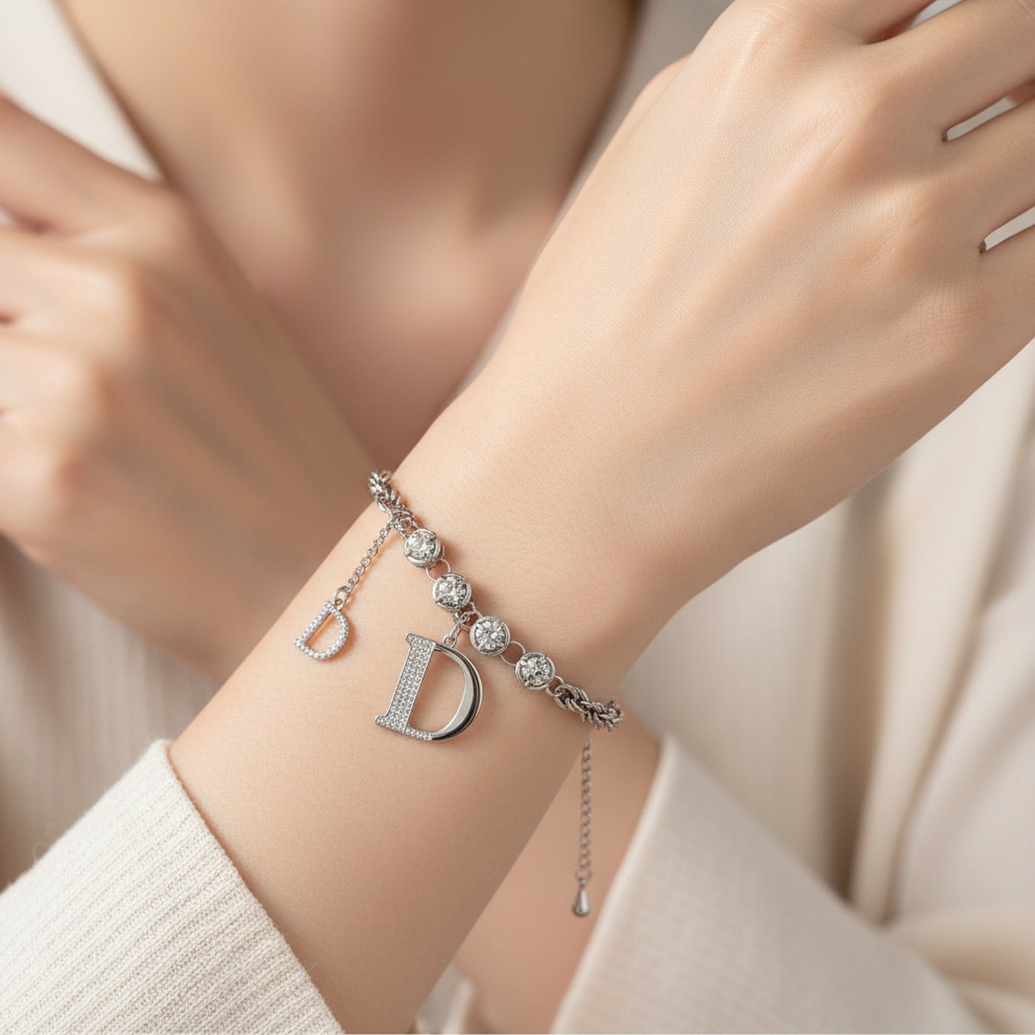 Silver Rhinestone D Charm Chain Bracelet
