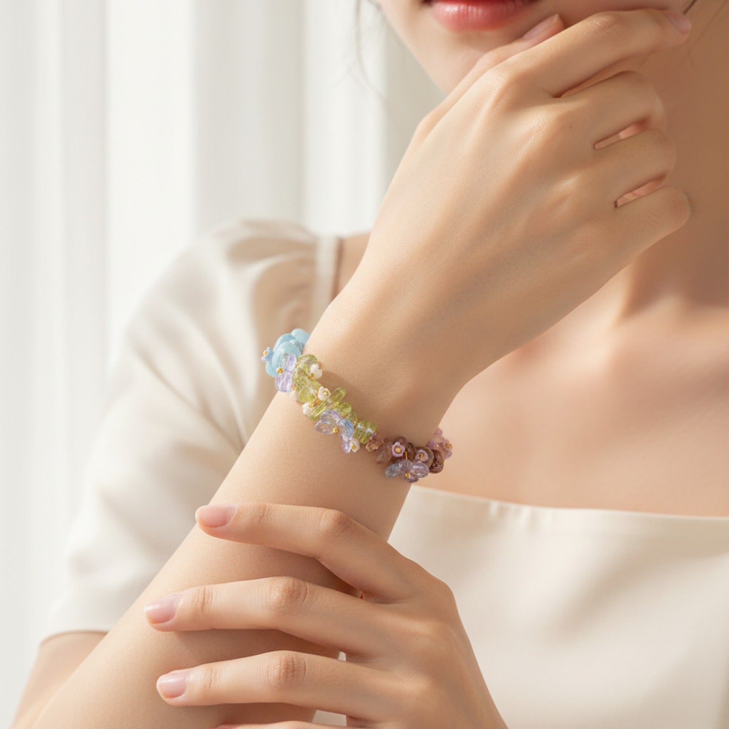 Pastel Flower Beaded Chain Bracelet