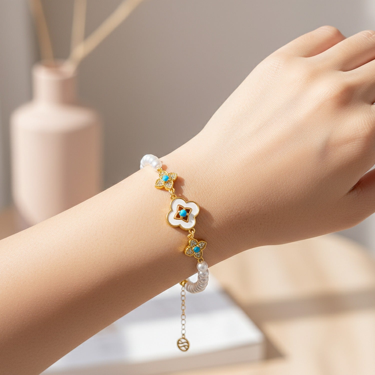 Pearl Beaded Bracelet With Turquoise Clover Charm