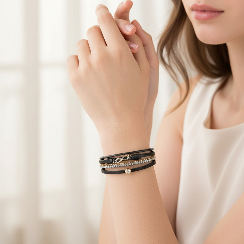 Black Leather Infinity Rhinestone Multi-Strand Bracelet