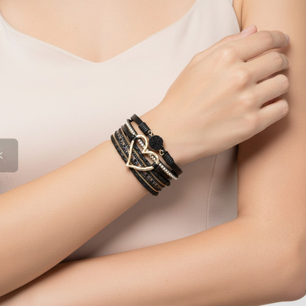 Leather Heart Rhinestone Multi-Strand Bracelet - Black Gold Heart – jewelry (view 2)
