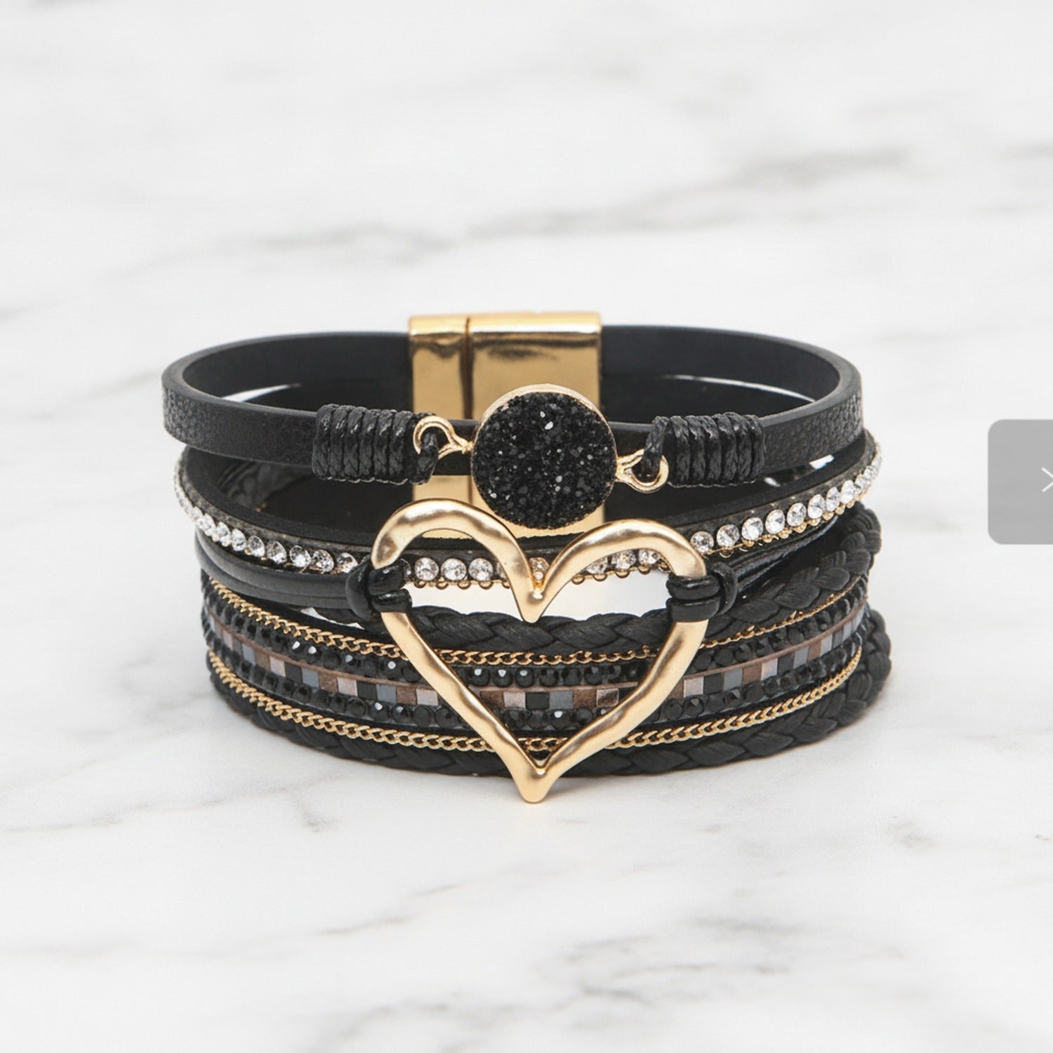 Leather Heart Rhinestone Multi-Strand Bracelet - Black Gold Heart