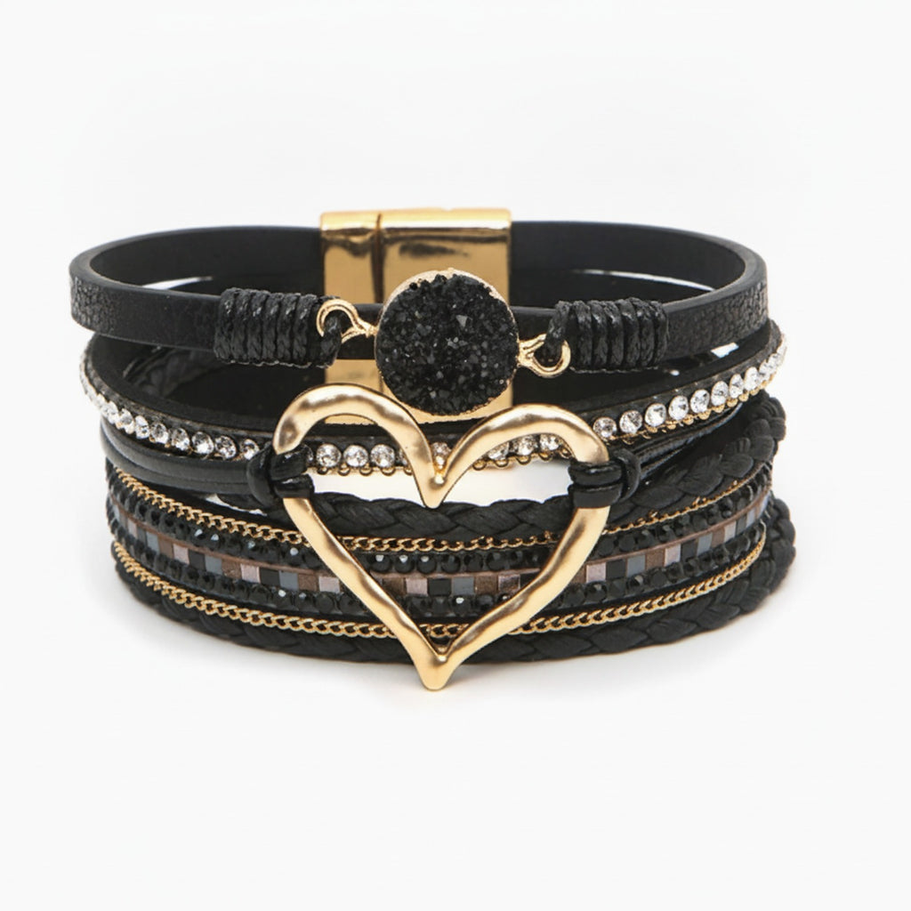 Leather Heart Rhinestone Multi-Strand Bracelet - Black Gold Heart – jewelry (view 1)