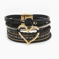 Leather Heart Rhinestone Multi-Strand Bracelet - Black Gold Heart – jewelry (view 1)