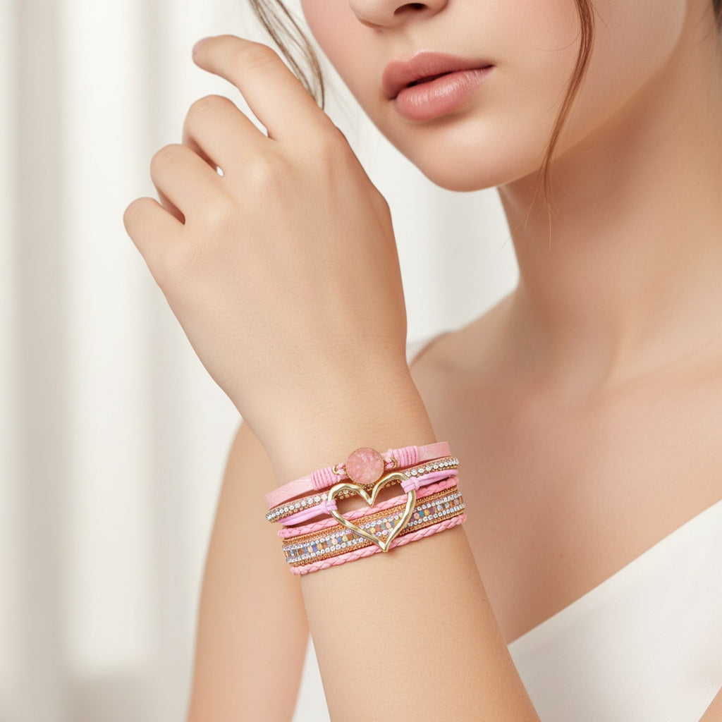 Pink Leather Heart Rhinestone Multi-Strand Bracelet